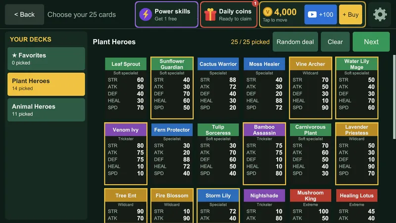 Choosing the 25 cards of the match deck from Plant Heroes and Animal Heroes.